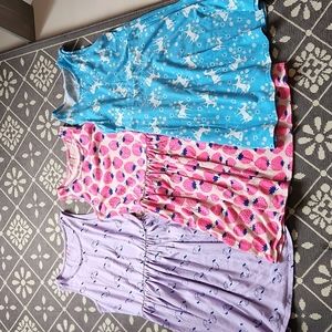 Lot of 3 summer sun/ play dresses unicorn and strawberry purple, pink, blue